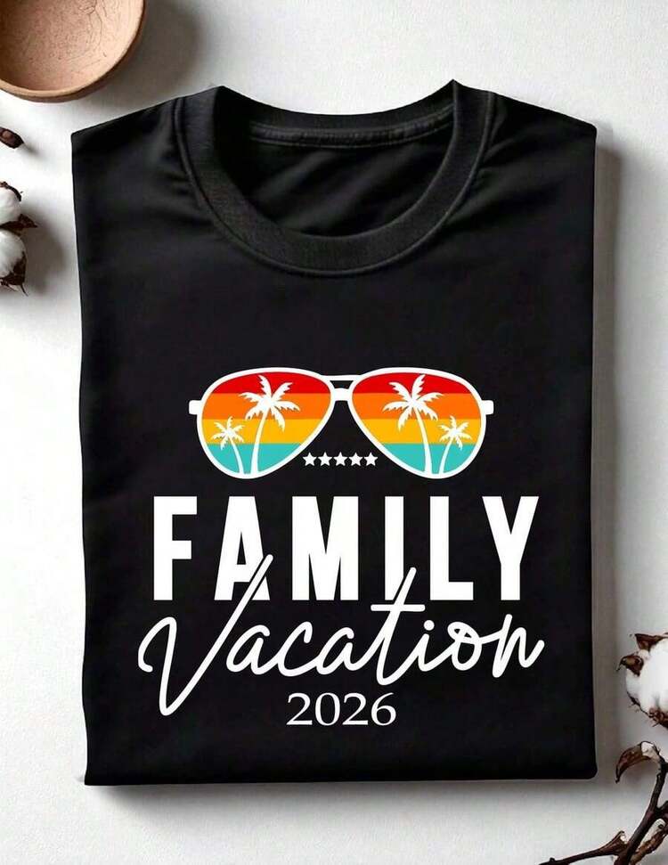 Camiseta de manga corta para vacaciones familiares 2026, camisetas de verano a juego para viajes, camisetas para viajes familiares, top tropical con gafas de sol, idea de regalo para vacaciones.Camiseta OC-460 de verano - Negro - Añade 7