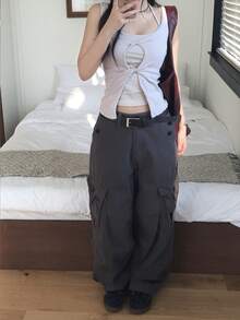 女款 2-In-1 細肩帶無袖扭結鏤空開衩設計上衣 粉色休閒夏季款 - 粉色 - 查看 4