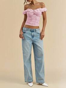 Women Summer Coquette Off Shoulder Ruffle Lace Crop Top Twist Front Short Sleeve Blouse - Pink - View 4