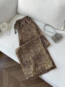 Pantalones anchos de pierna negros con diseño de estampado de leopardo retro elegante, pantalones rectos con cintura elástica con cordón, uso casual, vuelta al colegio - Marrón - Ver 9