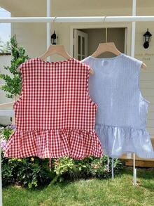 2 piezas Blusas tejidas sin mangas con moño delantero a rayas y a cuadros para mujer, un cuadro rojo y una a rayas azules, perfectas para las vacaciones de verano - Multicolor 11 - Ver 2