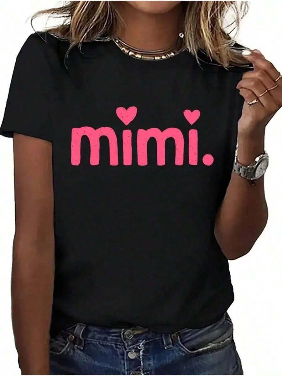 Camia Y2K Rosa con Estampado de Letras y Corazones MIMI - Top Negro de Manga Corta Oversize con Logotipo Rosa, Ropa Casual Suave para Uso Diario, Diseño Lindo que Imita la Marca para Fiestas y Uso Cotidiano, Transpirable y Cómoda. - Negro - Ver 1