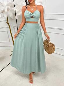 AIJ Amarilo Green Satin Spaghetti Strap Pleated Hollow Back Camisole Top + High Waist Ruffle Hem A-Line Maxi Skirt 2-Piece Set, Suitable For Summer, Spring, Wedding Guest, Graduation Ceremony And Vacation - Bean Green - View 6
