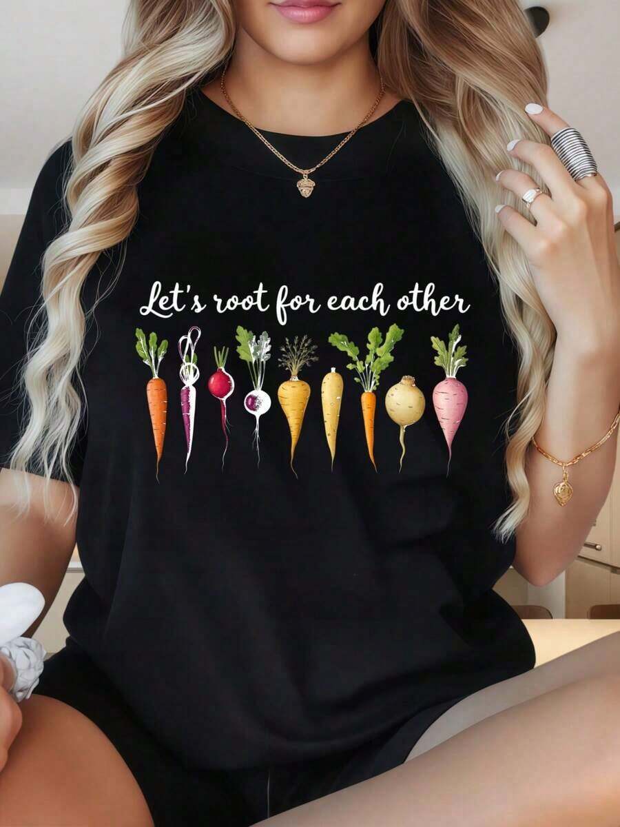 Camiseta de manga corta con cuello redondo para mujer, diseño de zanahorias, estampado divertido, ideal para Navidad, fiestas, actividades deportivas, vacaciones, salidas, deportes y otros regalos (220g). - Negro - Ver 1