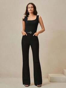 Camiseta de punto de costilla con bordado, de ajuste ceñido, de moda - Negro - Ver 4