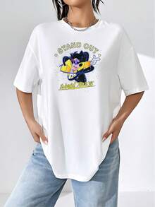 Gráfico colorido con personaje animado de aspecto divertido usando chaqueta amarilla y gafas moradas transmitiendo energía y confianza camiseta de mujer  casual cómoda para uso diario - Blanco - Ver 1