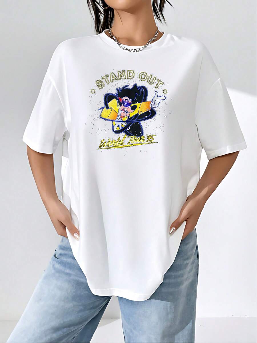 Gráfico colorido con personaje animado de aspecto divertido usando chaqueta amarilla y gafas moradas transmitiendo energía y confianza camiseta de mujer  casual cómoda para uso diario - Blanco - Ver 1