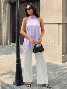 Top de tirantes negro para mujer, bajo asimétrico, diseño sin espalda, con ribete de encaje en contraste, longitud regular para verano - Púrpura malva - Ver 5