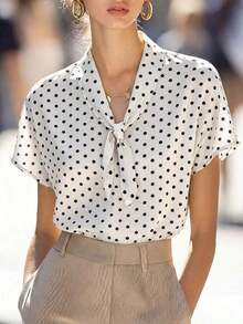 Camisa de mujer con diseño de cuello de corbata de lunares, primavera/verano - Blanco - Ver 7