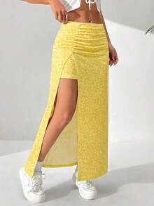 Falda larga con diseño floral pequeño y abertura en el dobladillo - Amarillo 2 - Ver 4