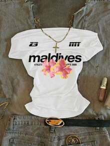 Camiseta de manga corta ajustada con hombros descubiertos y pliegues en la cintura, con estampado de limón, adecuada para el verano - Blanco 5 - Ver 10