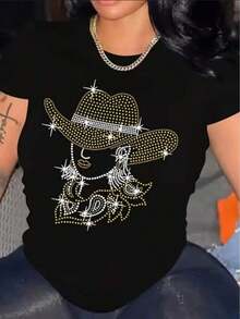 1 pieza de camiseta casual de manga corta con estampado de diseño de sombrero de vaquera brillante y pedrería, camiseta estampada con patrón y texto para mujer, 180g Algodón 100%. - Negro - Ver 6