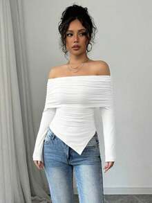 Camiseta elegante de mujer con hombros descubiertos, solapa ancha, dobladillo con cordón y ajuste delgado, para primavera y otoño - Blanco - Ver 6