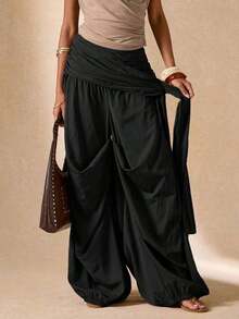 Pantalones sueltos y plisados de unicolor para uso diario de mujer - Negro - Ver 6