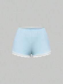 Conjunto de pijama casual de camiseta de tirantes acanalada y shorts con encaje - Azul - Ver 8