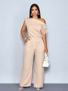 Blusa elegante de un solo hombro con botones metálicos, sin mangas, de unicolor, para uso en la oficina, citas, eventos y uso diario modesto - Albaricoque - Ver 5