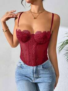 1 pieza Parte superior corta ajustada con adorno de encaje de moda para mujer, top corset de Body ceñido sexy, adecuado para fiesta, viaje, reunión, Navidad, San Valentín, Halloween, verano casual - Burdeos - Ver 4
