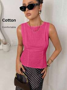 Camisa blanca de lino sin mangas, ajustada, con botones de nudo de bambú, estilo vintage para oficina - Rosa Fucsia - Ver 5