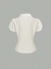 Blusa elegante de mujer con cuello en V y abotonadura sencilla, de manga corta y con rayas blancas, para primavera/verano - Albaricoque - Ver 2