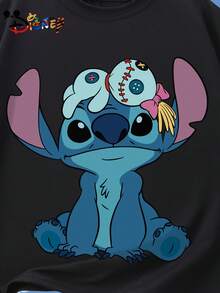 1pc Disney Boys & Girls Kids Lilo & Stitch Stitch T-Shirt - Cute Stitch & Scrump Back Print, Breathable Summer Short Sleeve Tee Suitable For 8-14 Years Boys & Girls, Birthday Outfit, School Uniform, Outdoor Play - Official Kids Apparel - Black - View 4