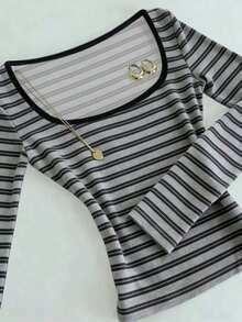 Camiseta de manga larga de cuello cuadrado gris minimalista de ajuste ceñido, adecuada para primavera, verano, otoño e invierno.Camiseta de moda, regalo de estilo minimalista para hermanos, hermanas, mamá, Día de la Madre, top de moda casual. - Gris - Ver 3
