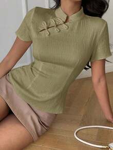 Blusa de cuello Mao de manga corta con cintura ceñida, estilo chino nuevo en color albaricoque, nuevo diseño de primavera/verano para mujer - Verde Oliva - Ver 4