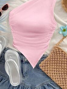 Blusa casual de unicolor con hombros oblicuos y ajustada, apropiada para el verano - Rosa - Ver 5