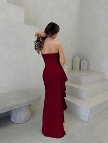 Vestido de dama de honor de boda de verano, vestido largo blanco con pliegues, abertura alta, volantes y tiras para fiesta, sin mangas y sin tirantes, sexy - Burdeos - Ver 2