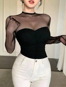 Blusa corta de manga corta de malla transparente elegante y ajustada para mujer, con parches de lunares de malla, ideal para primavera y verano, de uso versátil para San Valentín, boda, fiesta, banquete - Negro 2 - Ver 8