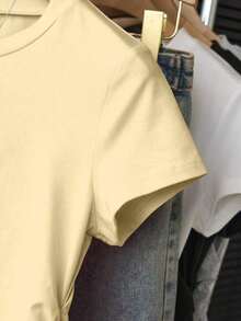 Ropa exterior para mujer, nueva llegada de verano, camiseta ajustada con pliegues, estilo elegante y versátil, fotografía de calle, imprescindible, temporada de vuelta al colegio, 100% llamativa, camiseta de mujer de manga corta para verano - Amarillo claro - Ver 3
