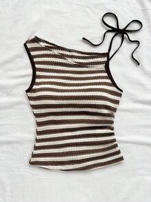 Top ajustada de punto con cuello asimétrico a rayas rojas y blancas, adecuada para vacaciones, fiesta, Navidad, cita, playa, crucero, carnaval, verano - Multicolor 2 - Ver 6