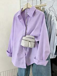Camisa casual de manga larga, de un solo pecho, de unicolor y holgada para mujer - Púrpura malva - Ver 7