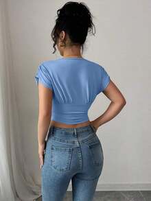 Camiseta casual de mujer con cuello en V y cruce en la cintura - Azul - Ver 2
