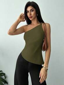 Nueva llegada Primavera/Verano Elegante Top casual de lino color albaricoque con cintura fruncida, bajo asimétrico y espalda descubierta - Verde militar - Ver 4