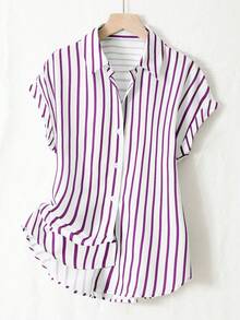 Summer Fashion Striped Single-Breasted Drop Shoulder Short Sleeve Shirt, Polyester Contrast Color Front Button Closure, Short Front Long Back Design - White Background With Purple Stripes - View 10