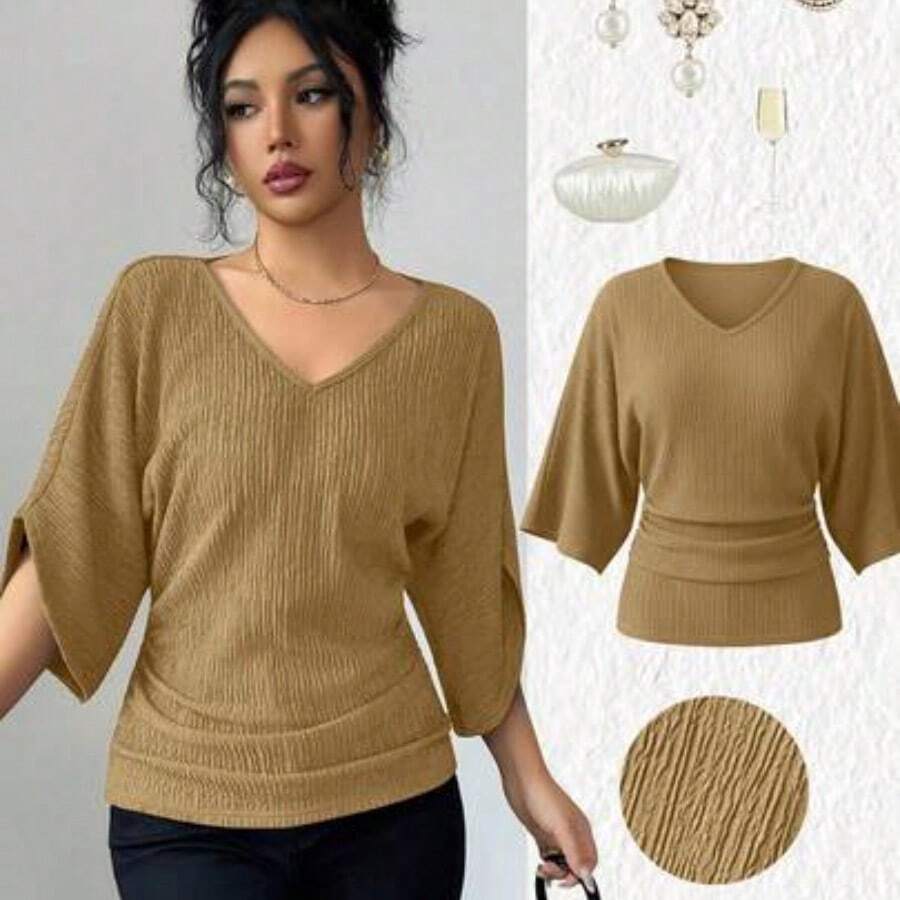 Women's Coffee Brown Textured Fabric V-Neck Loose Waist Ruched Design Elegant Classy Birthday Gift Date Party Teacher's Day Independence Day Double 11 Shopping Festival Back To School Single's Party Holiday Christmas Eve Thanksgiving Halloween Christmas Carnival Diwali New Year Travel Vacation Streetwear - Caqui - Ver 1