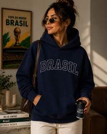 Women's Minimalist Oversized Kangaroo Hoodie Brazil Style Casual Premium - 藏蓝色 - 查看 2
