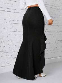 Falda vaquera con abertura alta y volantes de moda - Negro - Ver 2