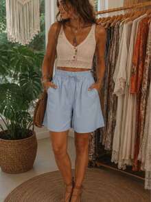 Bermuda ligera mujer short unicolor con costura de contraste, pantalón corto con cintura ajustable dama para vacaciones - Azul - Ver 3