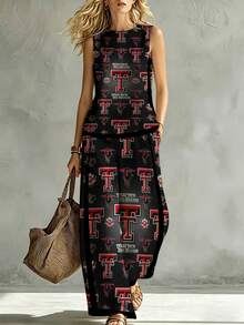 Plus Size Women's Texas Tech Red Slub Linen Look Contrast Trim Sleeveless Tank & Straight Leg Pants Set Stylish Streetwear, Ideal For Outdoor Travel & Gifting - 混合色 - 查看 3