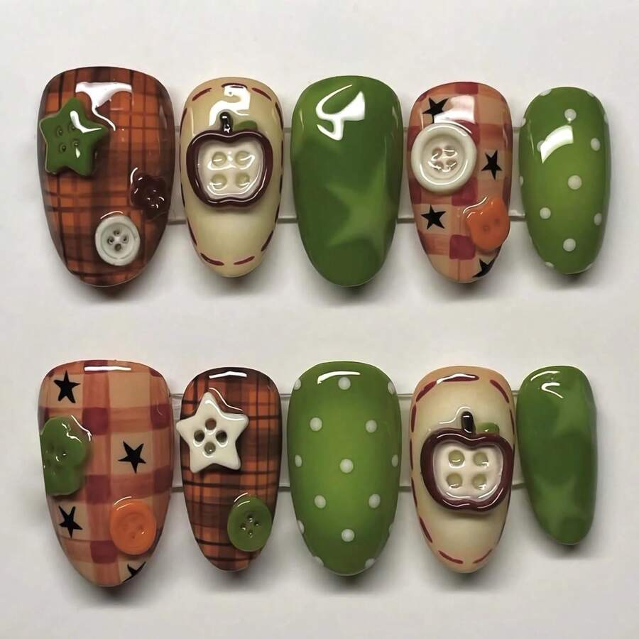BABALAL Press On Nails, Medium Almond Fake Nails, Brown Green, Plaid &Amp; Apple Y2k Anime, Glossy Full Cover Glue On Nails For Women And Girls 24Pcs - ColorE - 查看 1