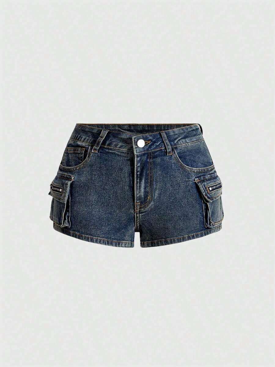 Grunge Punk Conjuntos de verano para mujer: shorts mini de tiro bajo de mezclilla desgastada, estilo de calle punk - Lavado ligero - Ver 1