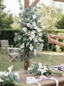 Set de 53/34/16/4 piezas de Flores Artificiales de Eucalipto + Cala, Flores Artificiales DIY, Adecuadas para Decoración de Bodas, Ramos de Novia, Cumpleaños, Día de San Valentín y Decoración de Fiestas - Blanco - Ver 6