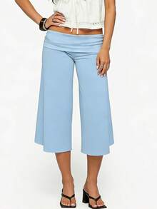 Y2K Fold-Over Waist Wide Leg Cropped Culottes, Low-Rise Casual Knit Pants For Women, Multi-Color Options - Blue - View 4