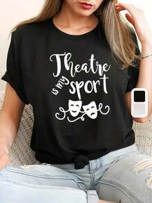 Camiseta Deportiva Casual Vintage para Mujer, con el Eslógan "El Teatro es Mi Deporte", Camiseta Deportiva Casual de Manga Corta y Cuello Redondo, Top Moderno para Primavera y Verano. - Negro - Ver 7