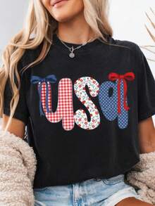 Women's Short Sleeve Round Neck USA Graphic Tee Casual Cute Summer T-Shirt Polyester Fabric With Slight Stretch Regular Fit Streetwear Style - 黑色 - 查看 11