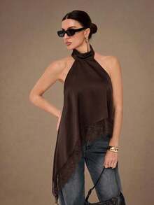 Tall Top de camisola sin espalda con adorno de encaje elegante, blusa sin mangas de satén con parches sexy para fiestas, cócteles, ocasiones formales, Navidad, casual de negocios - Marrón - Ver 7
