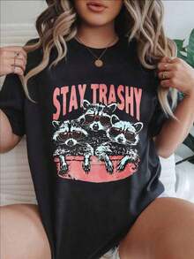 Women's Vintage Style Short Sleeve Casual T-Shirt - Summer T-Shirt With Raccoon Print, Sunglasses, And Round Neck, Machine Washable, Women's T-Shirts, Casual Wear, Modern Style, Comfortable Fit

BlackFashion - 黑色 - 查看 7