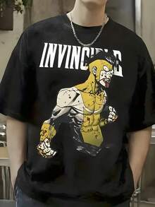 Camiseta de Estilo Casual con Estampado de Retrato de Superhéroe Invencible - Cuello Redondo, Manga Corta, Suave y Cómoda, Moda Urbana, Diseño Gráfico en Negro - Negro - Ver 1