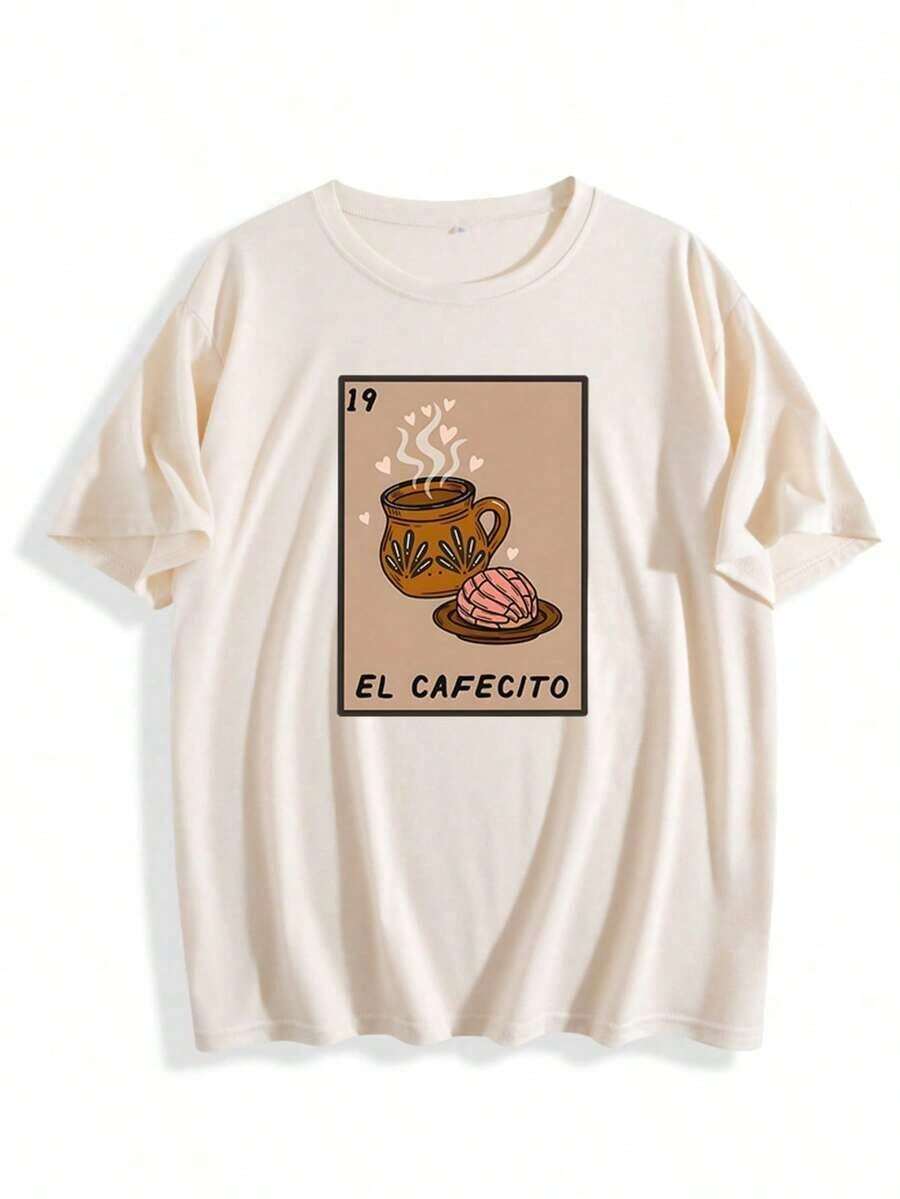Premium Women's T-Shirt 19 EL CAFECITO With Coffee Cake Print - Casual Short Sleeve T-Shirt With Soft Round Neck For Everyday Wear With Printed Spanish Coffee Design, Unisex New Style T-Shirt For Casual Daily Wear, Basic Clothing For 4 Seasons, Women's Office T-Shirt, Bestseller For Valentine's Day, . - 杏色 - 查看 1